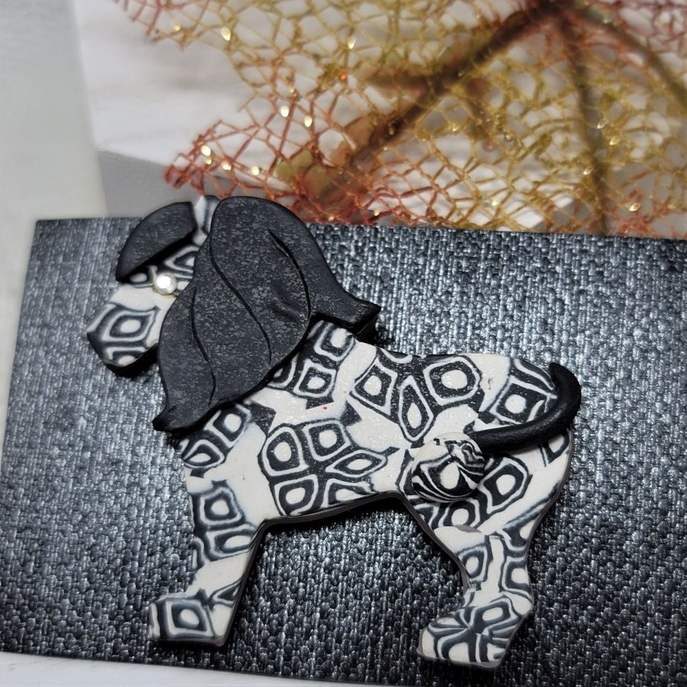 Adorable Clay Animal Pin Brooch Black n White